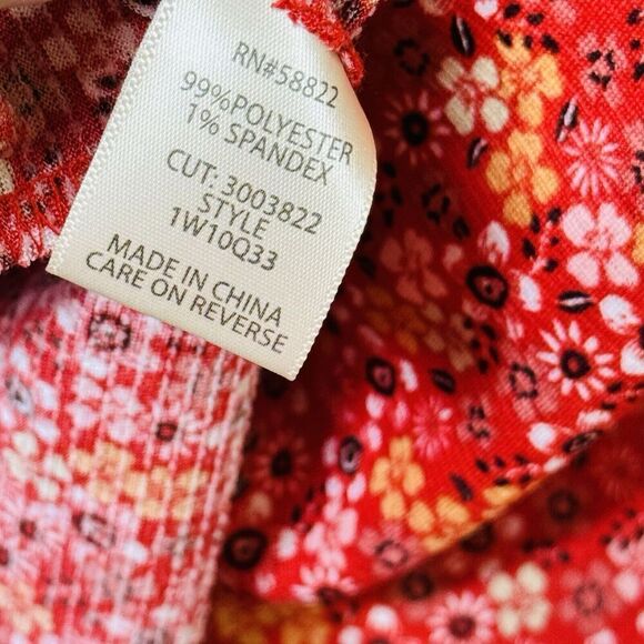 Max Studio Womens Plus Sz 1X Ruffle Neck Top Red White Floral Long Sleeve BOHO - Picture 8 of 15